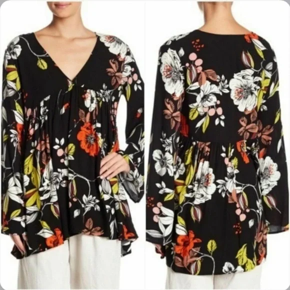 Free People Bella Floral Print V Neck Bell Sleeve Tunic Top Dress XS - Picture 2 of 10